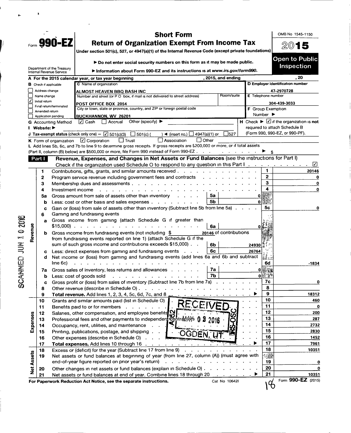 Image of first page of 2015 Form 990EZ for Almost Heaven BBQ Bash