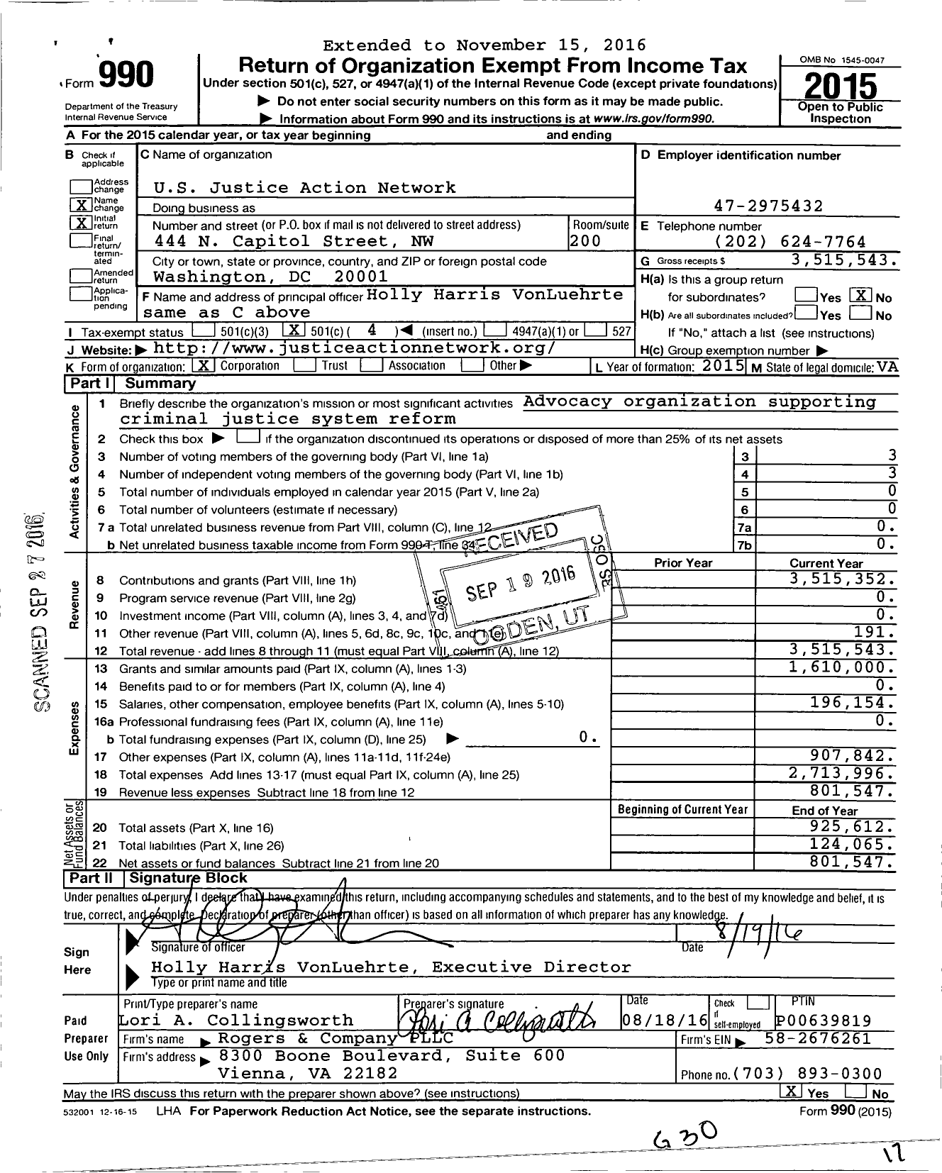 Image of first page of 2015 Form 990O for Justice Action Network