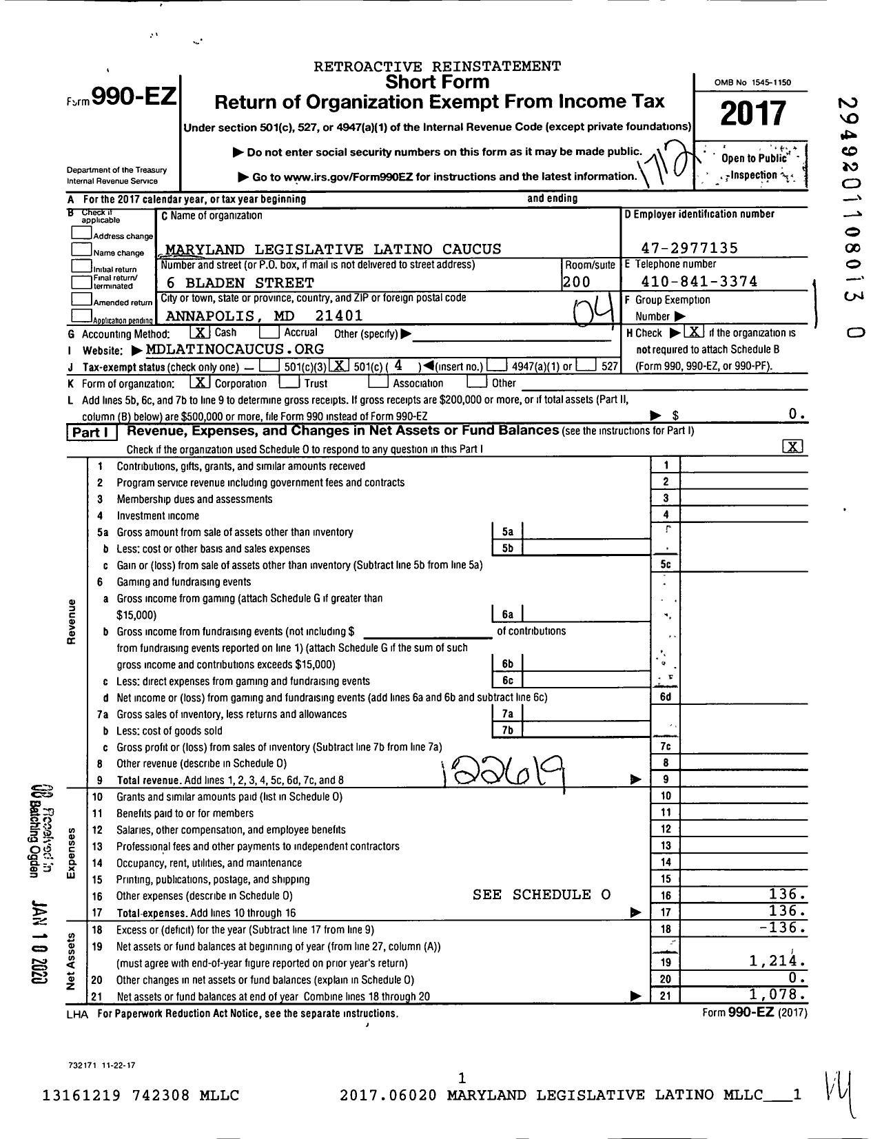 Image of first page of 2017 Form 990EO for Maryland Legislative Latino Caucus