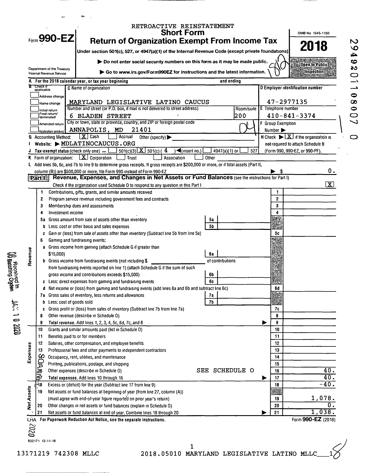 Image of first page of 2018 Form 990EO for Maryland Legislative Latino Caucus