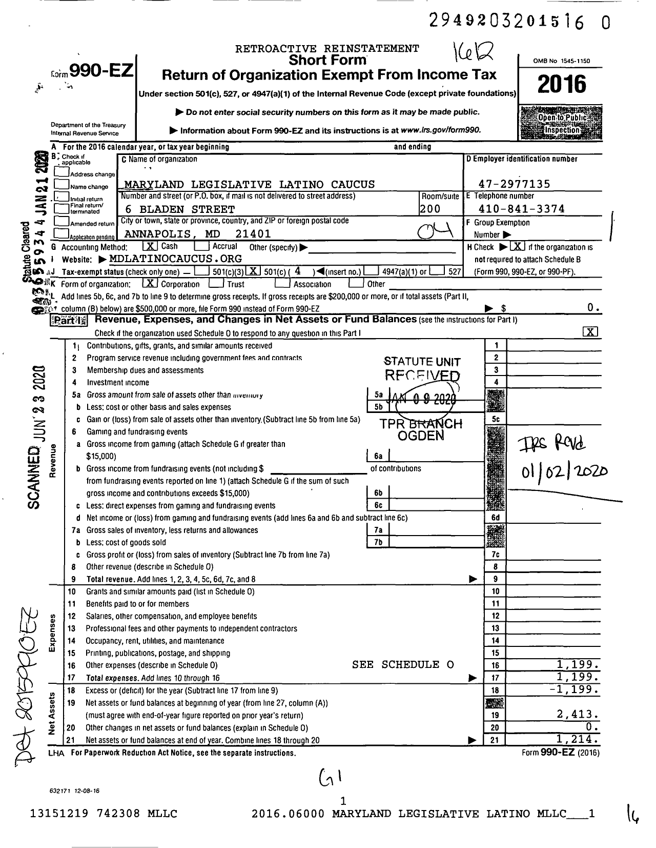 Image of first page of 2016 Form 990EO for Maryland Legislative Latino Caucus