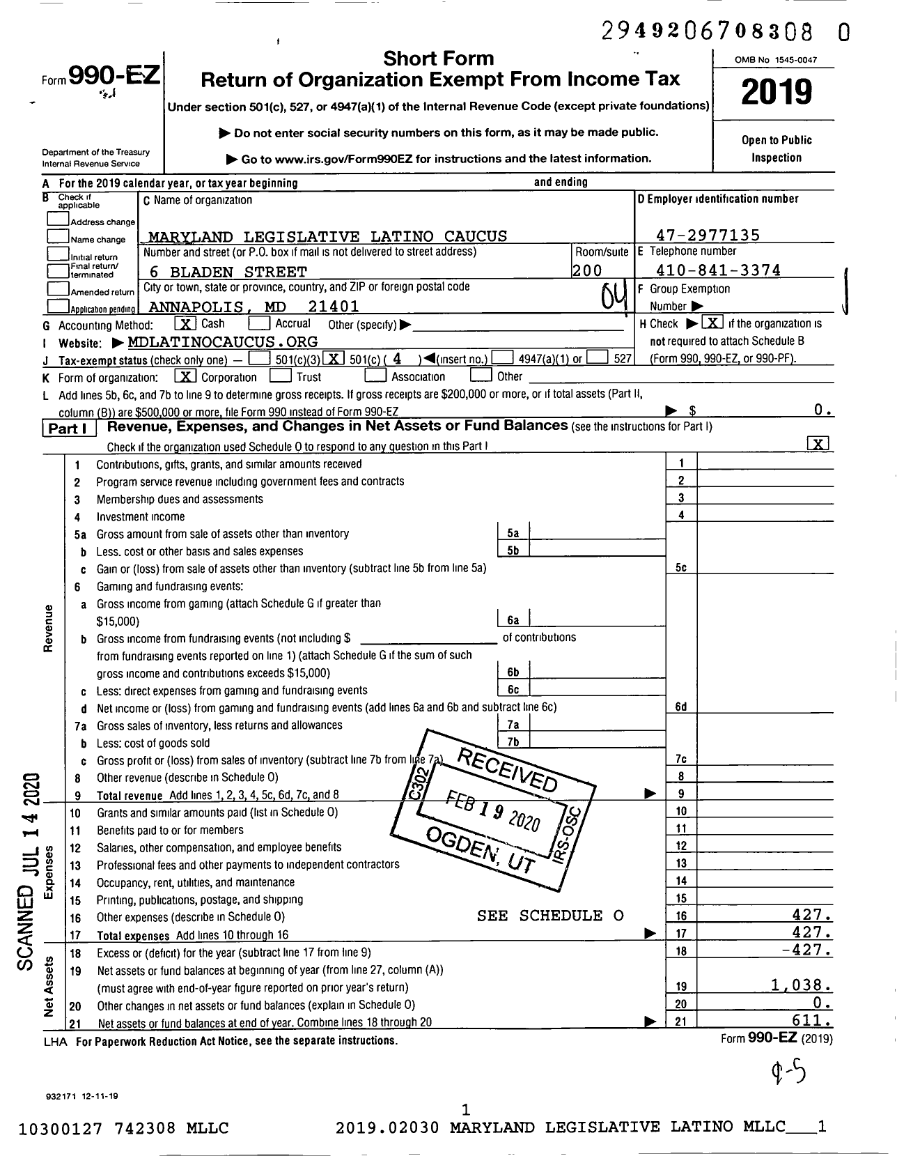 Image of first page of 2019 Form 990EO for Maryland Legislative Latino Caucus