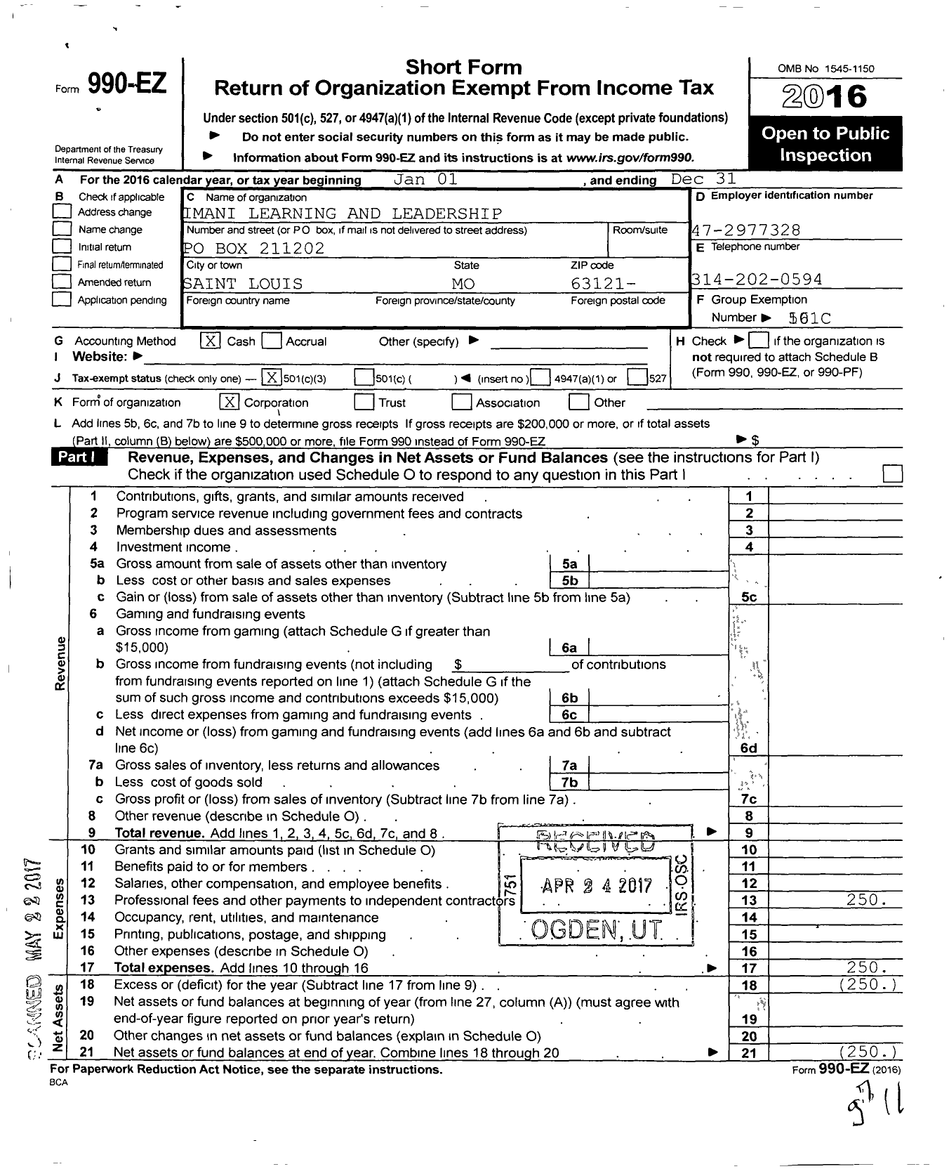 Image of first page of 2016 Form 990EZ for Imani Learning and Leadership LLC