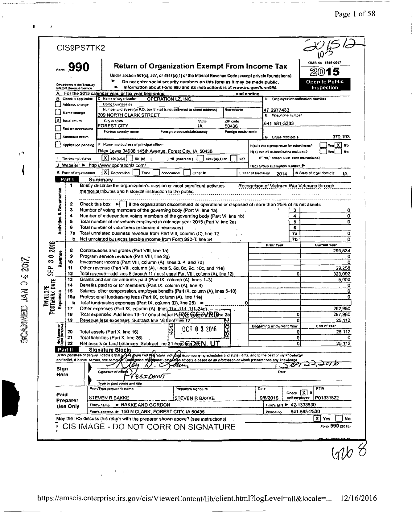 Image of first page of 2015 Form 990 for Operation LZ