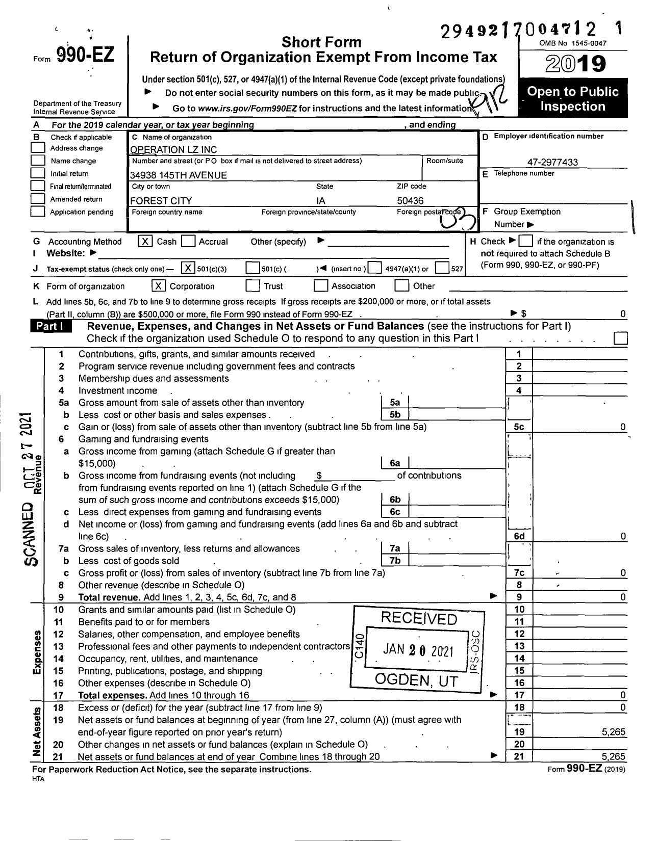 Image of first page of 2019 Form 990EZ for Operation LZ