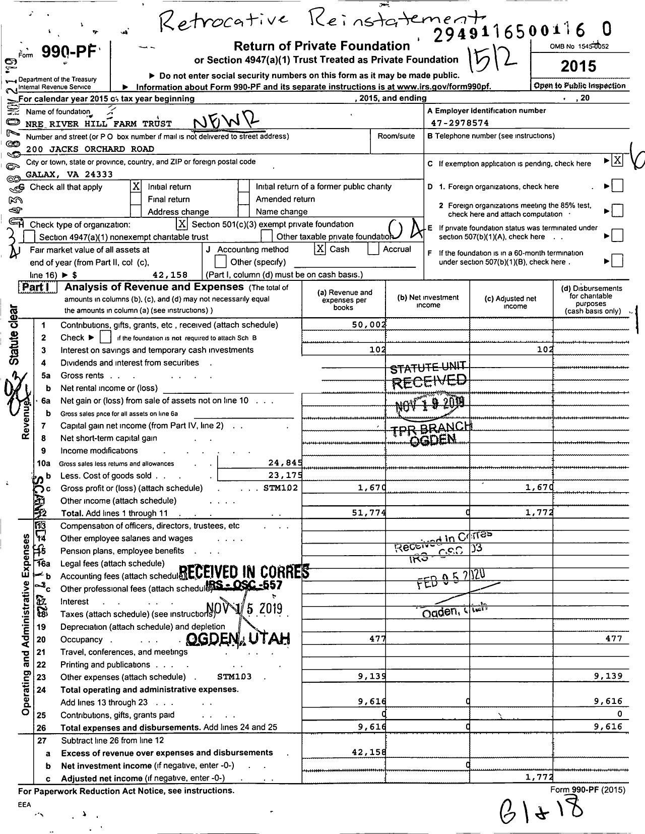 Image of first page of 2015 Form 990PR for New River Hill Farm Trust