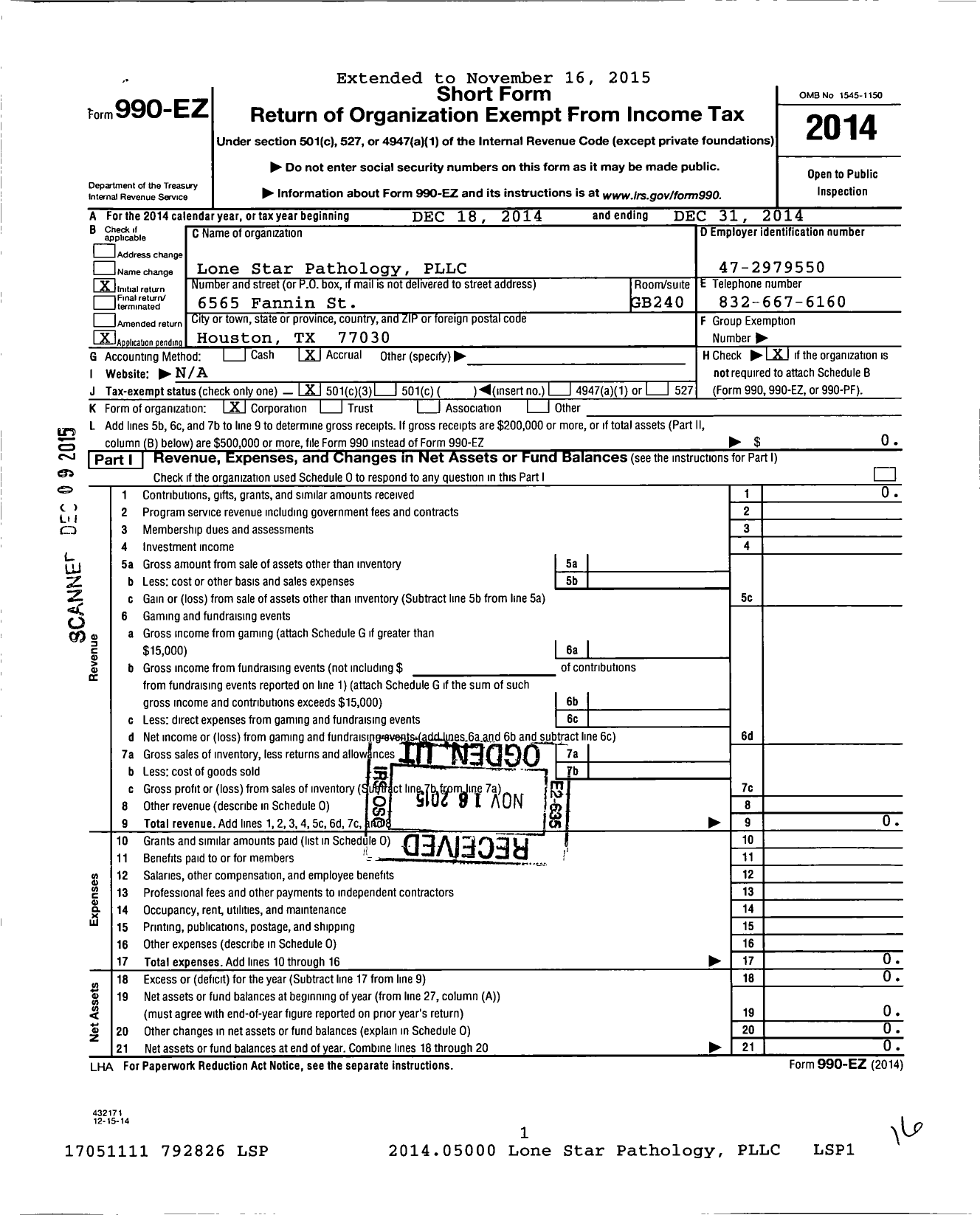 Image of first page of 2014 Form 990EZ for Lone Star Pathology PPLC