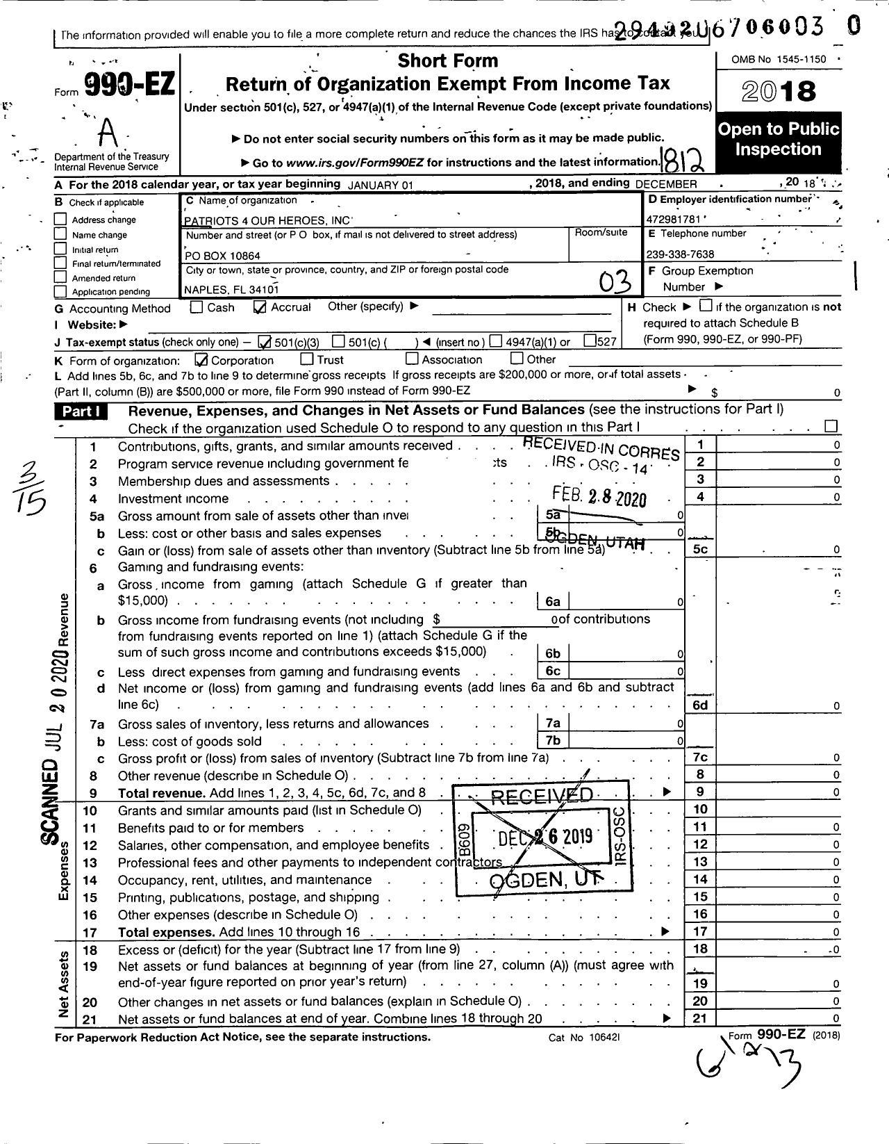 Image of first page of 2018 Form 990EZ for Patriots 4 Our Heroes (P4OH)