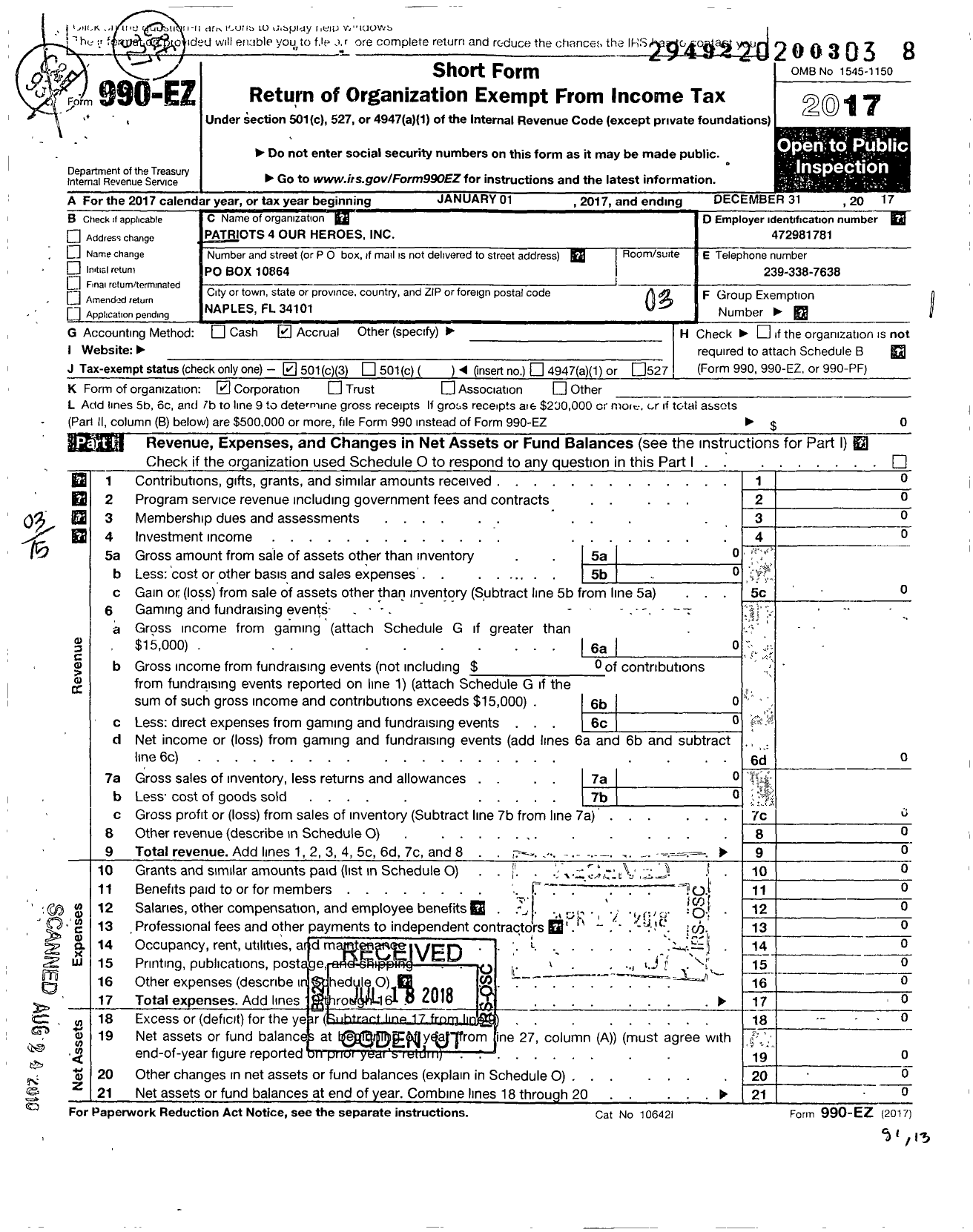 Image of first page of 2017 Form 990EZ for Patriots 4 Our Heroes (P4OH)