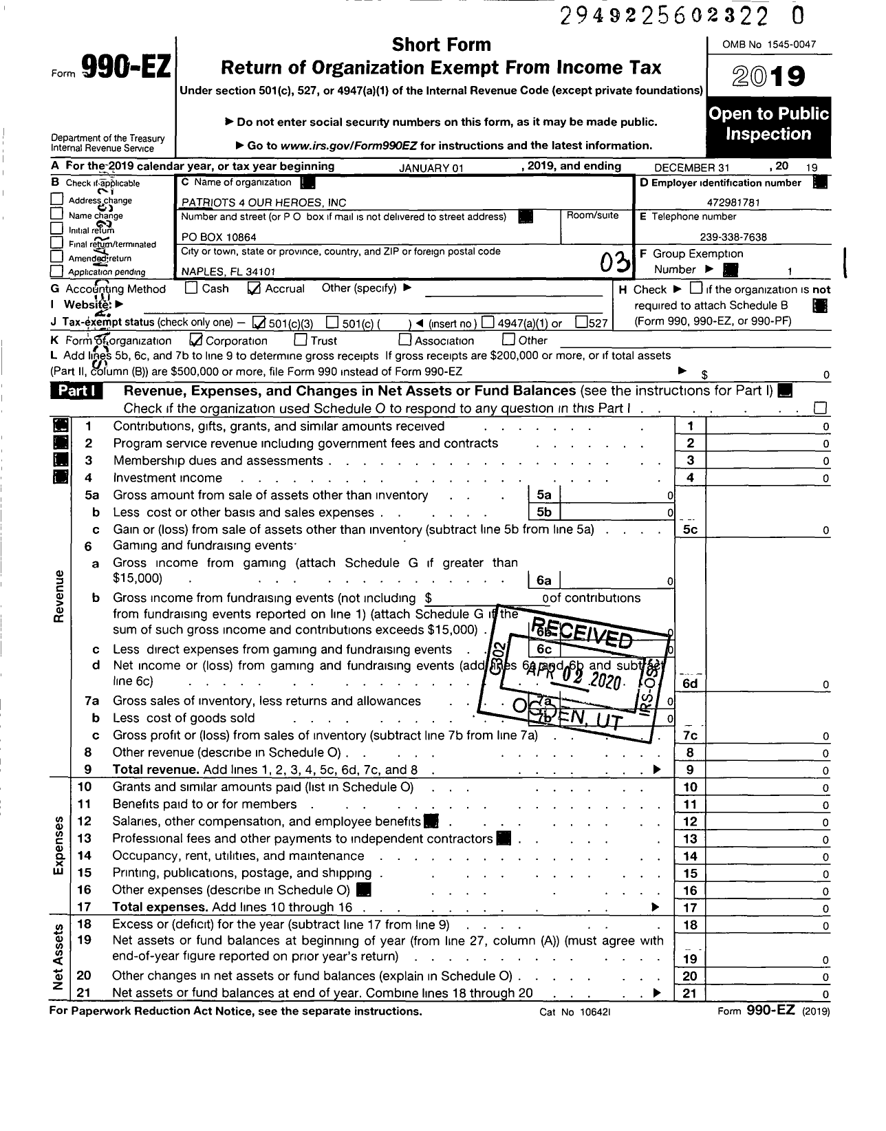 Image of first page of 2019 Form 990EZ for Patriots 4 Our Heroes (P4OH)