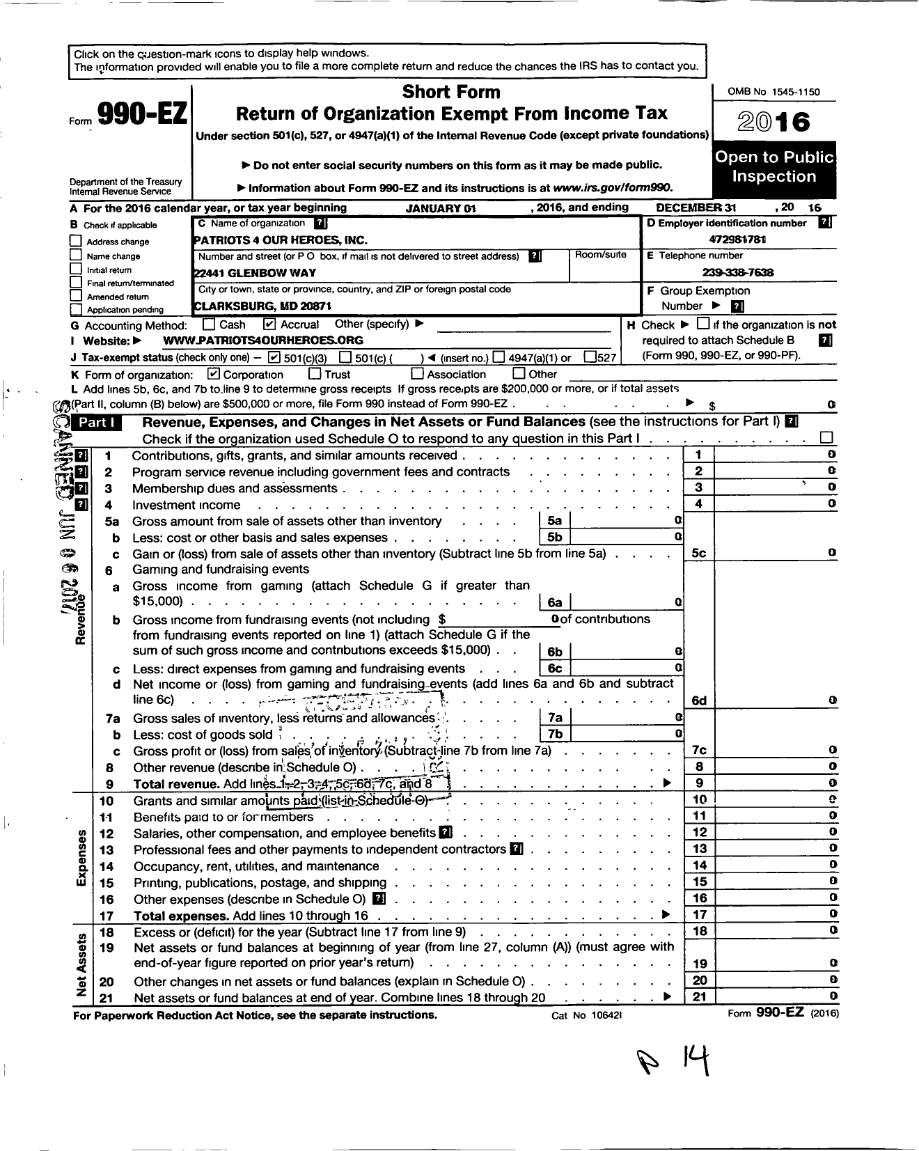 Image of first page of 2016 Form 990EZ for Patriots 4 Our Heroes (P4OH)