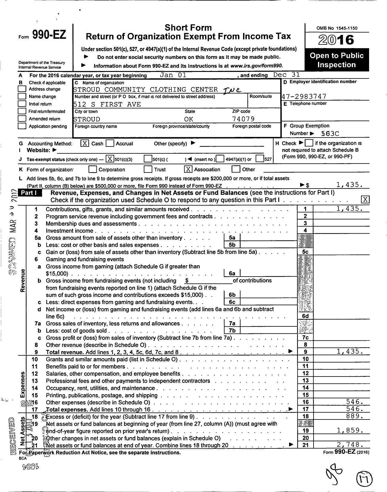 Image of first page of 2016 Form 990EZ for Stroud Community Clothing Center in