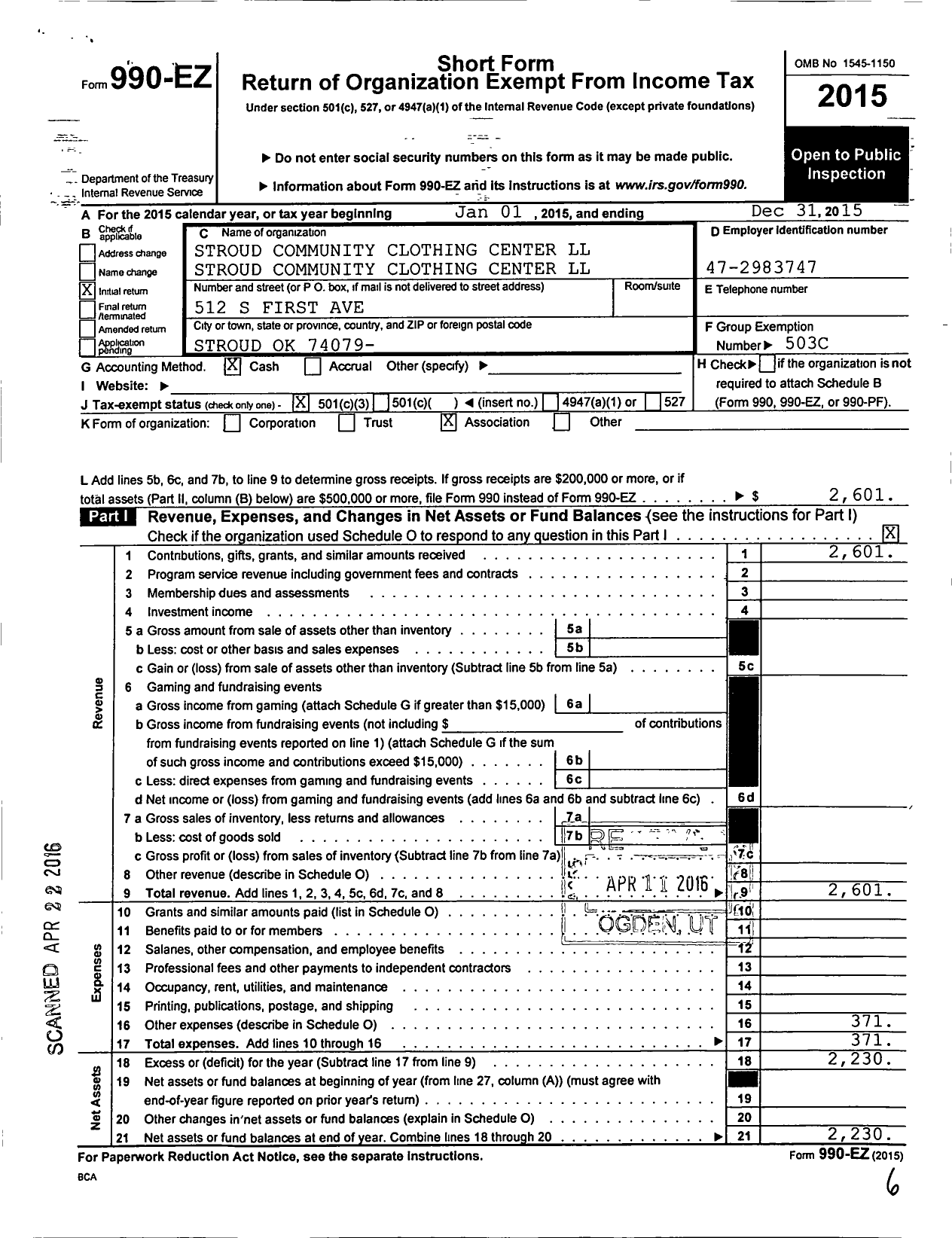 Image of first page of 2015 Form 990EZ for Stroud Community Clothing Center in