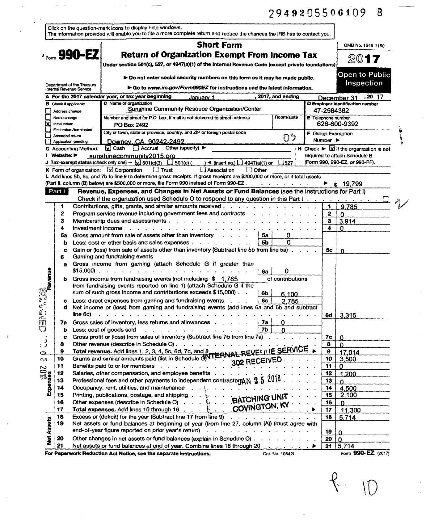 Image of first page of 2017 Form 990EZ for Sunshine Community Resource