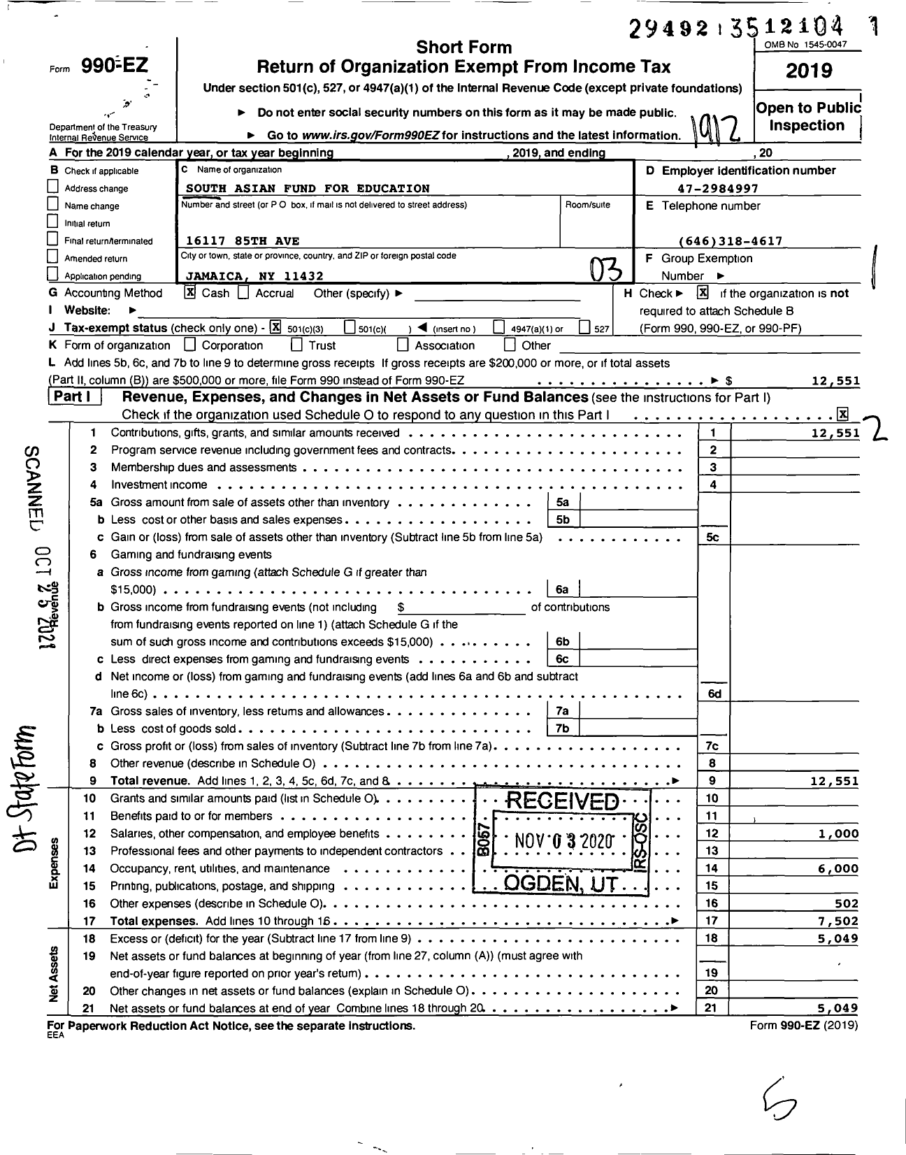 Image of first page of 2019 Form 990EZ for South Asian Fund for Education