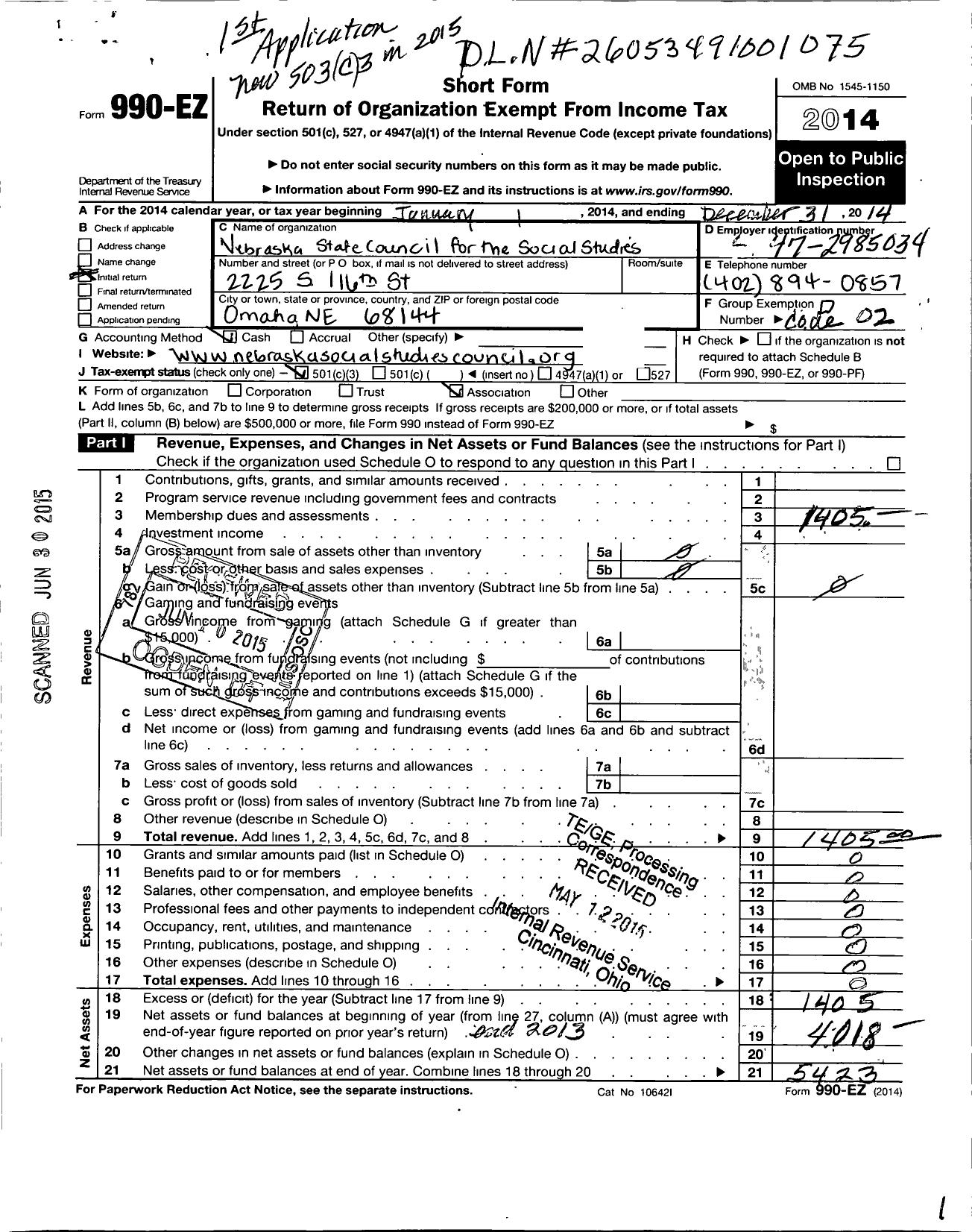 Image of first page of 2014 Form 990EZ for Nebraska State Council for the Social Studies