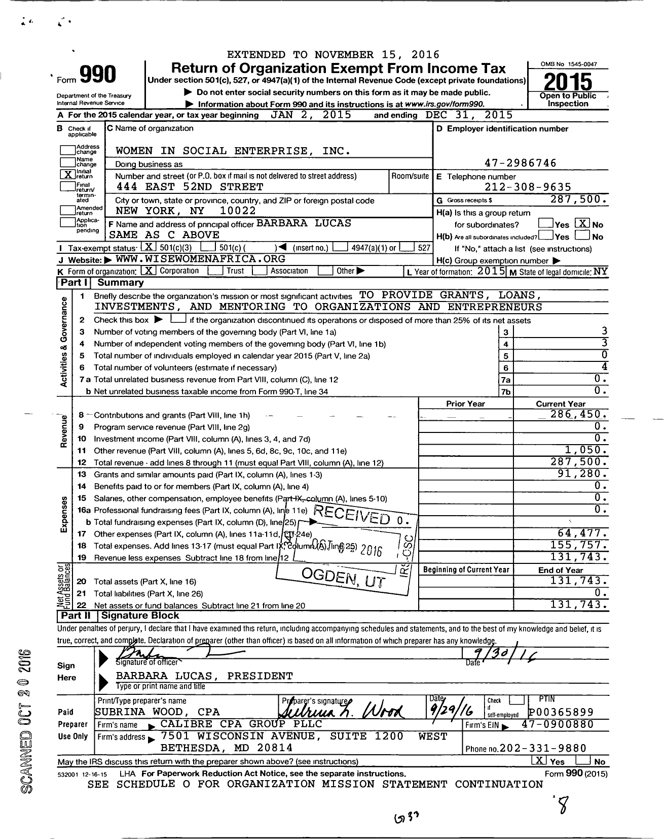 Image of first page of 2015 Form 990 for Women in Social Enterprise