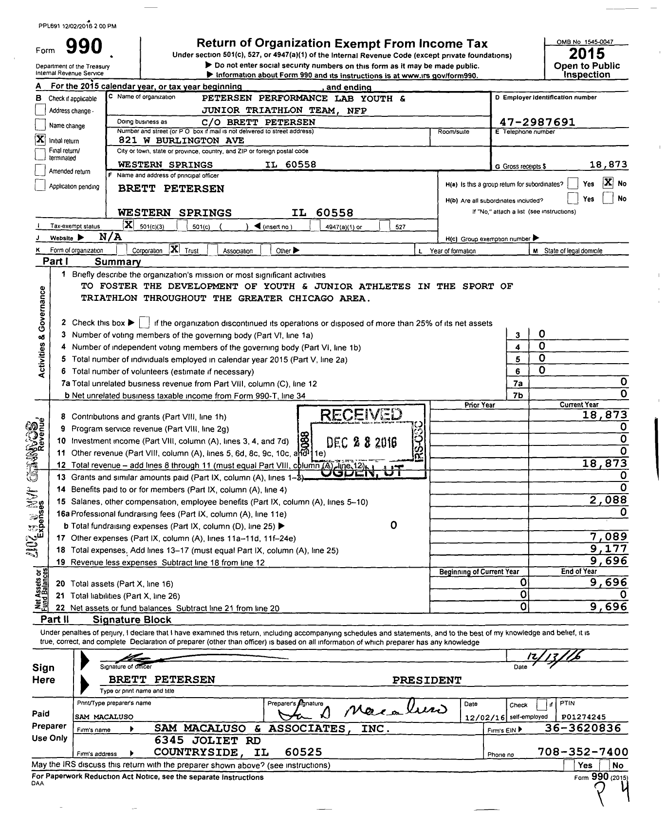 Image of first page of 2015 Form 990 for Petersen Performance Lab Youth and Junior Triathlon Team NFP