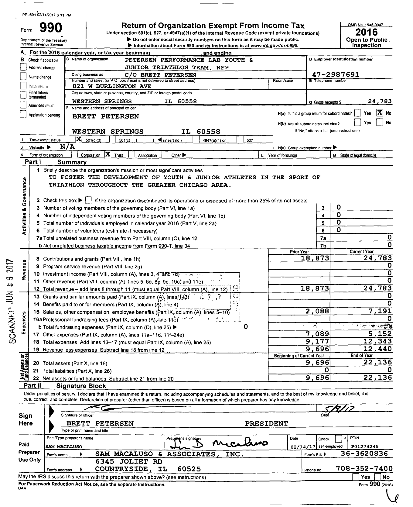 Image of first page of 2016 Form 990 for Petersen Performance Lab Youth and Junior Triathlon Team NFP