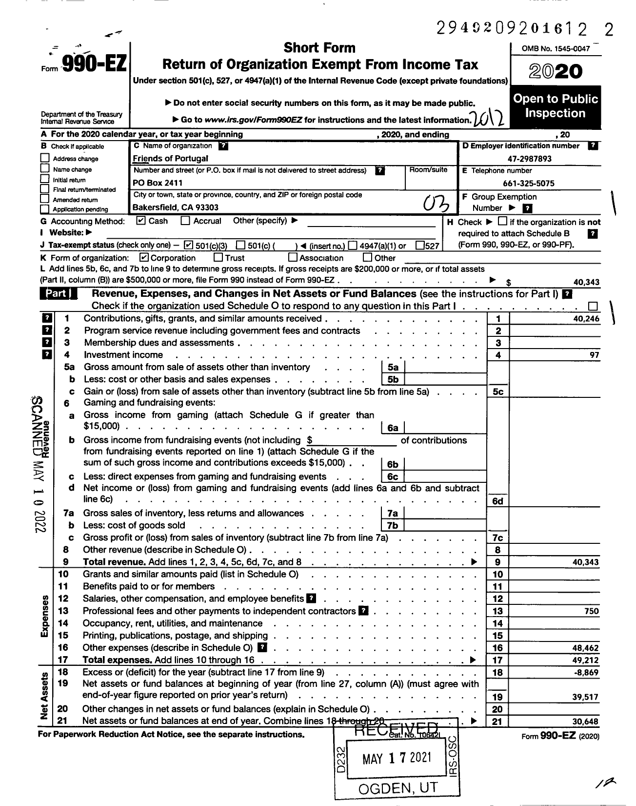 Image of first page of 2020 Form 990EZ for Friends of Portugal