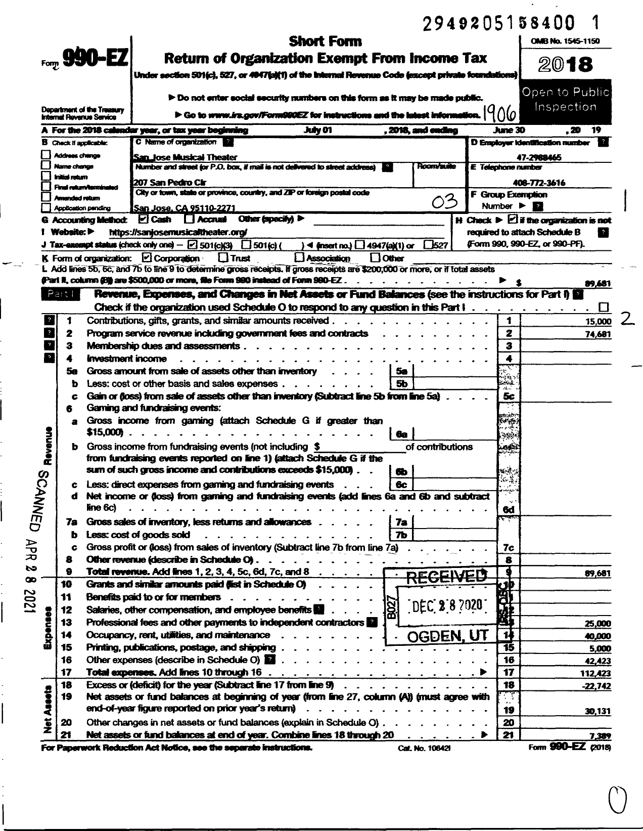 Image of first page of 2018 Form 990EZ for San Jose Musical Theater