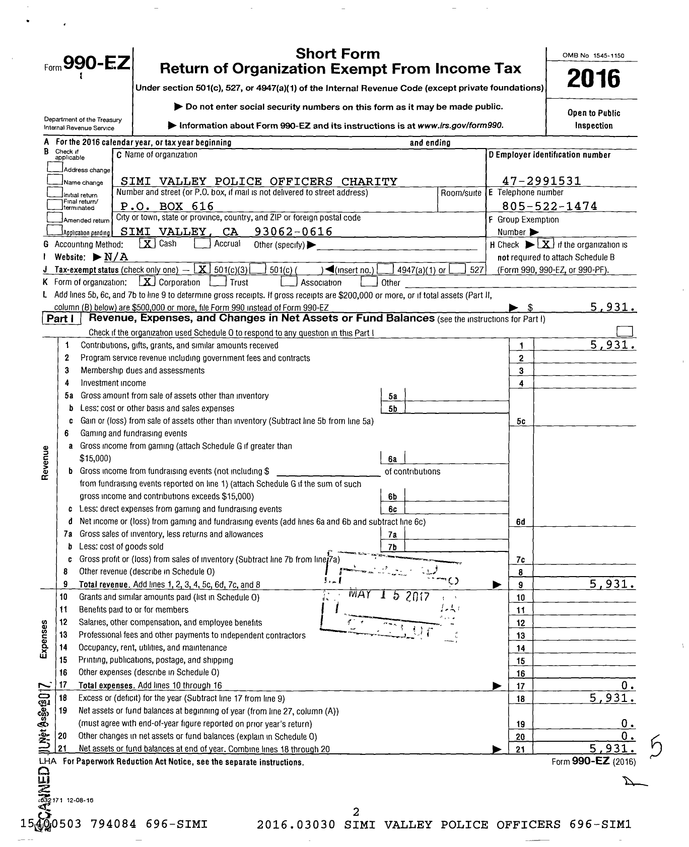 Image of first page of 2016 Form 990EZ for Simi Valley Police Officers Charity