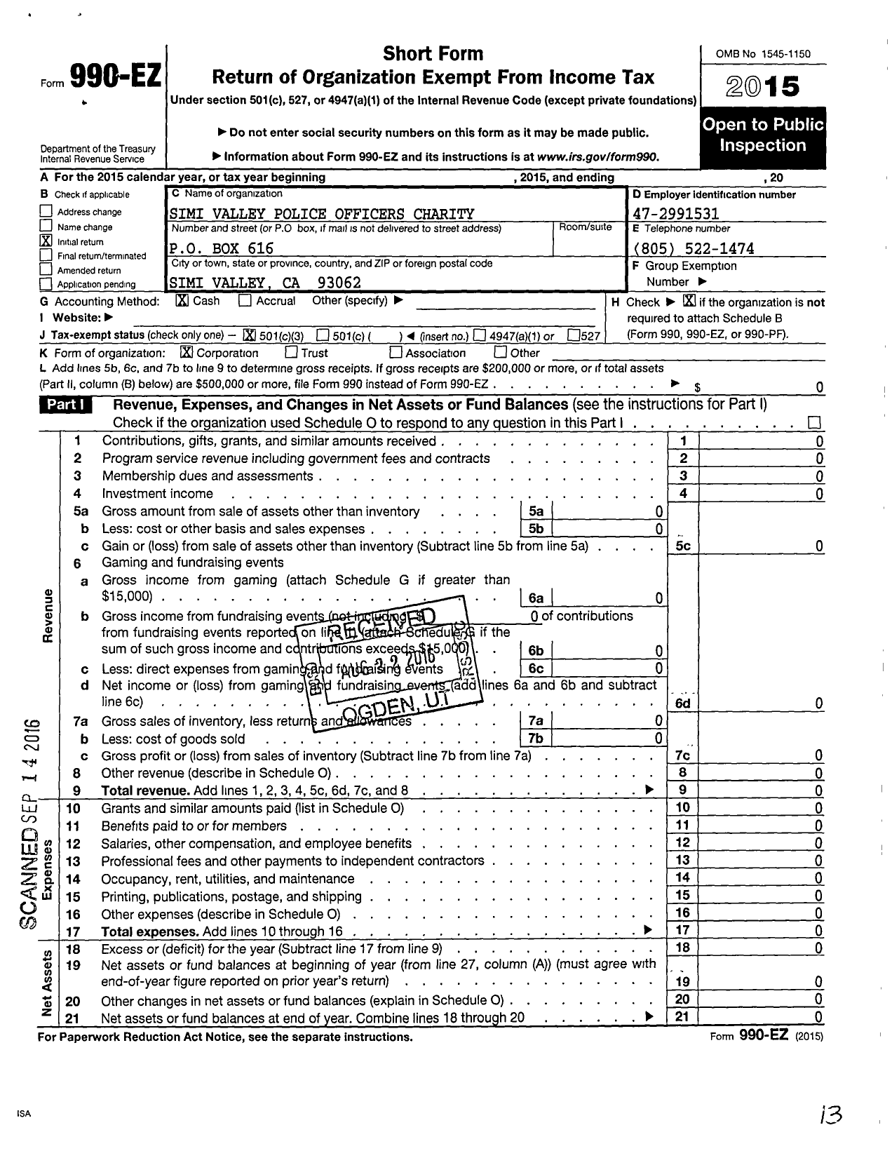 Image of first page of 2015 Form 990EZ for Simi Valley Police Officers Charity