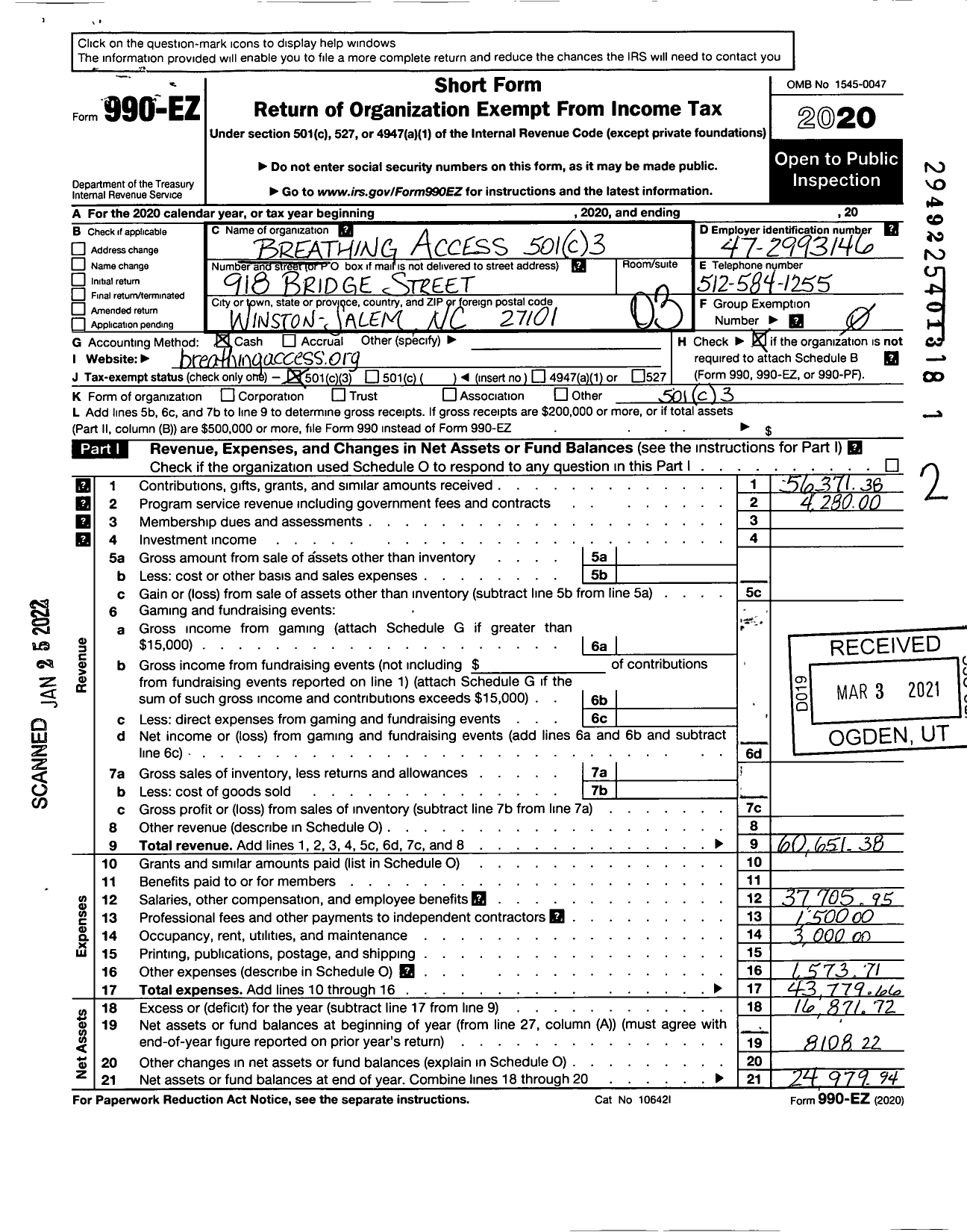 Image of first page of 2020 Form 990EZ for Breathing Access