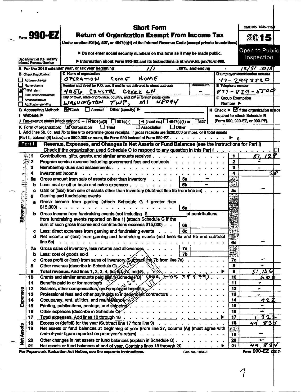 Image of first page of 2015 Form 990EZ for Operation Come Home