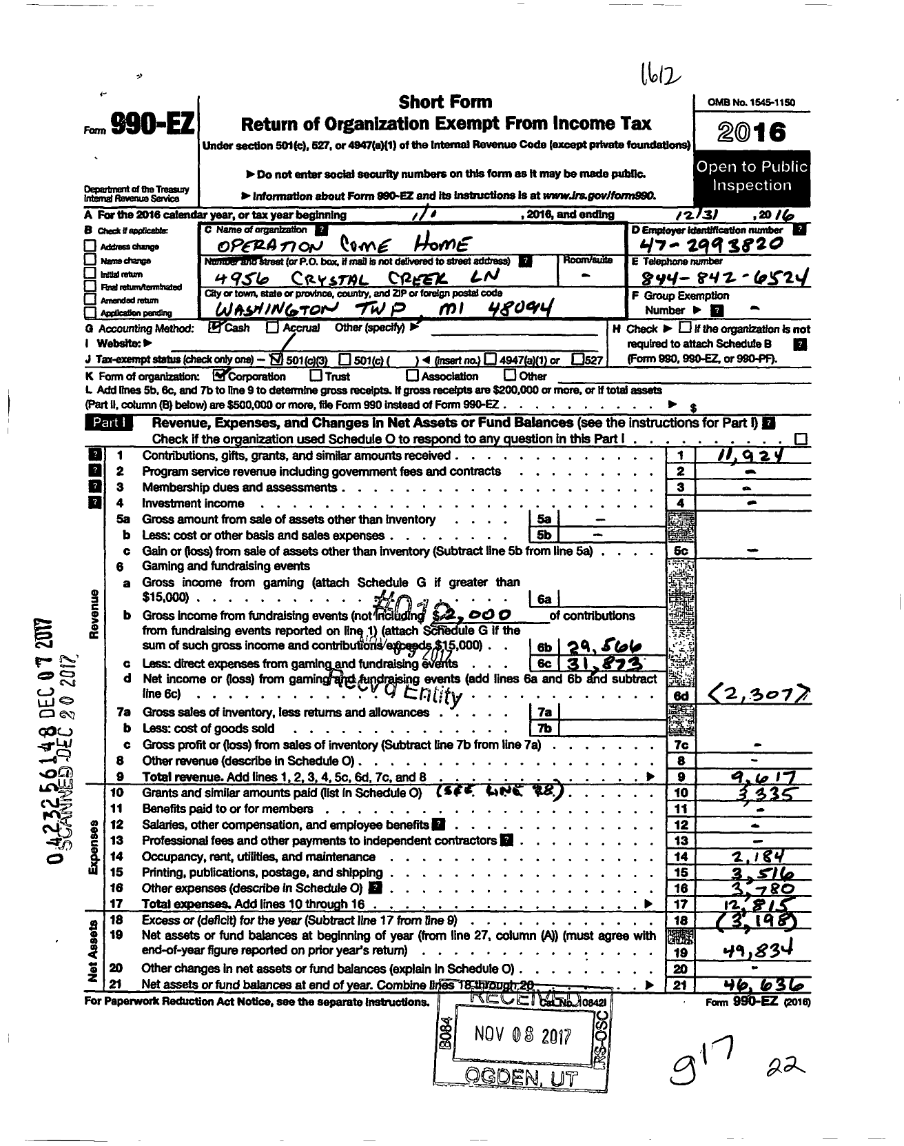 Image of first page of 2016 Form 990EZ for Operation Come Home