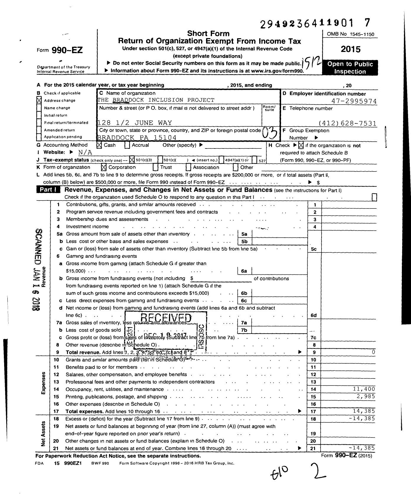 Image of first page of 2015 Form 990EZ for The Braddock Inclusion Project