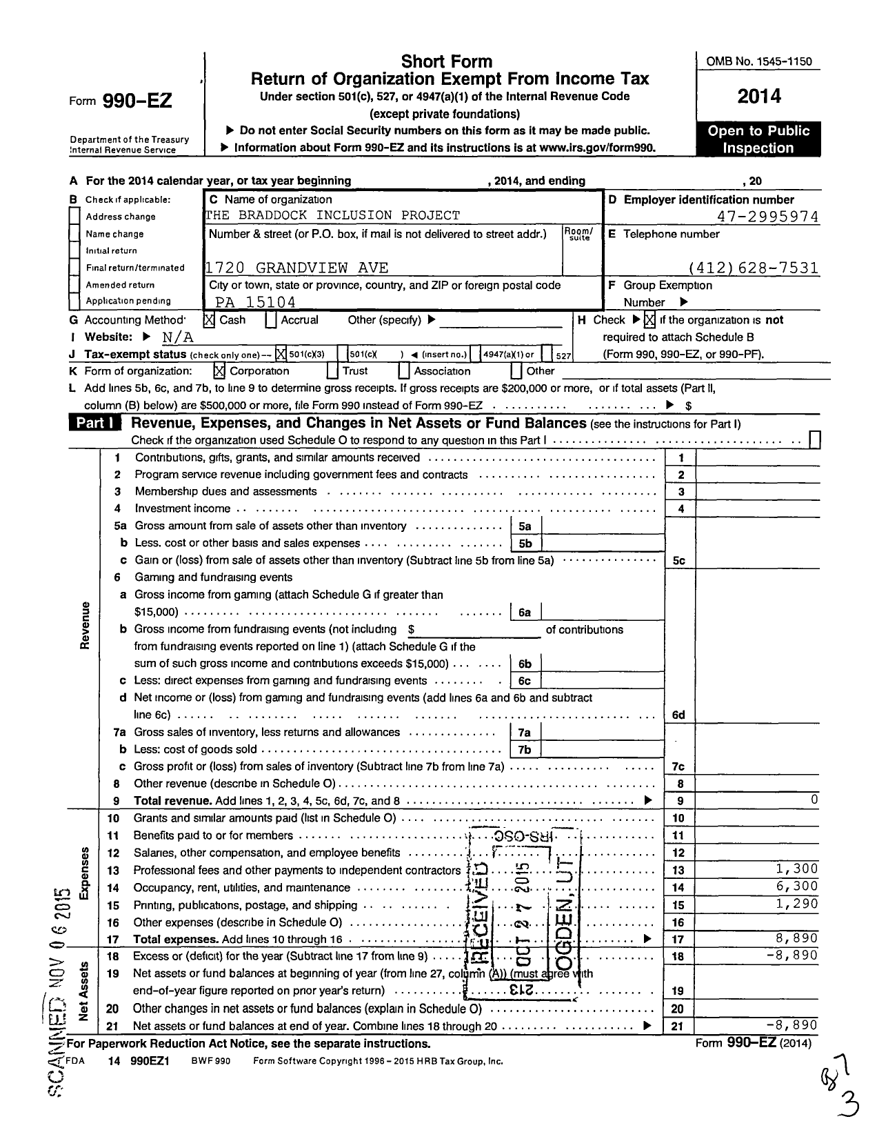 Image of first page of 2014 Form 990EZ for The Braddock Inclusion Project