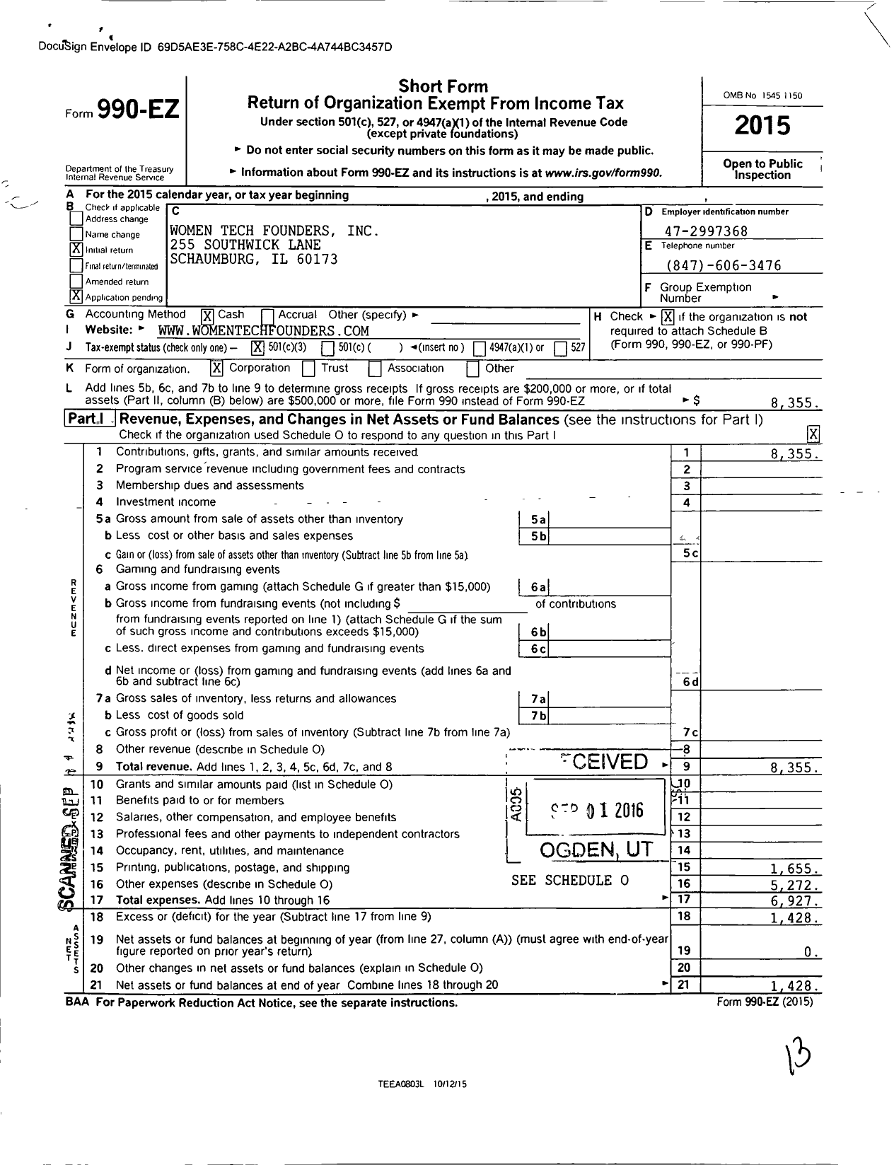 Image of first page of 2015 Form 990EZ for Women Tech Founders