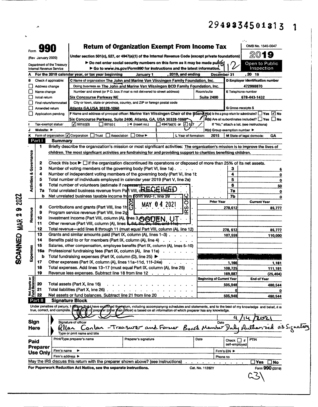 Image of first page of 2019 Form 990 for The John and Marine Van Vlissingen Family Foundation