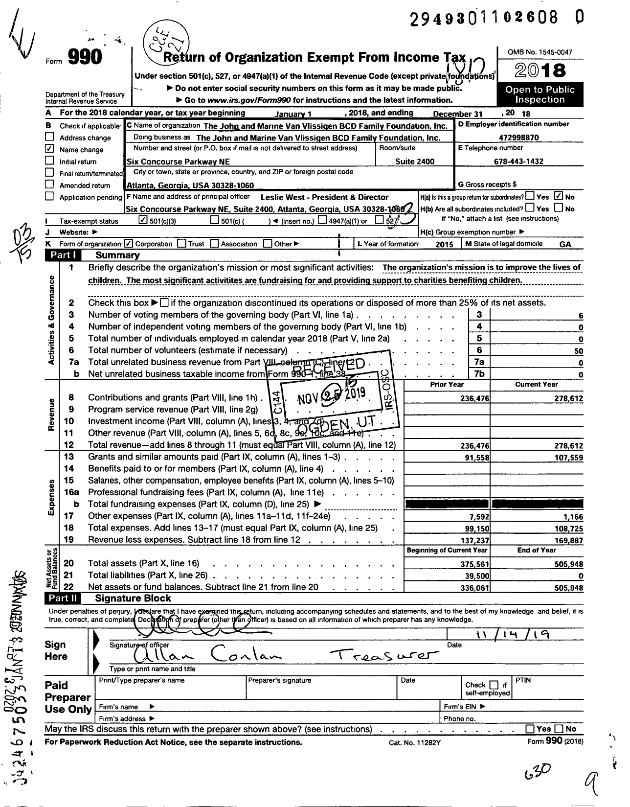 Image of first page of 2018 Form 990 for The John and Marine Van Vlissingen Family Foundation