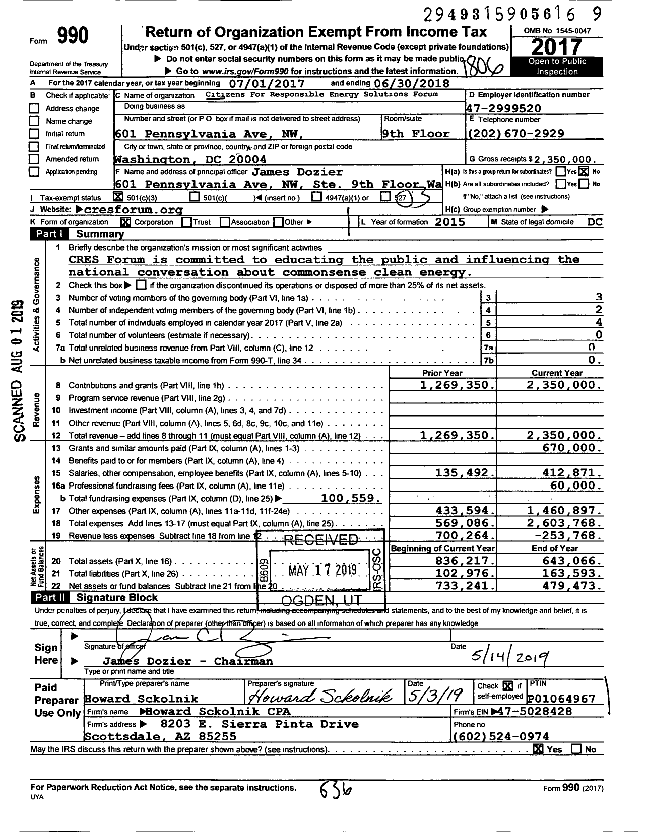 Image of first page of 2017 Form 990 for Citizens for Responsible Energy Solutions Forum