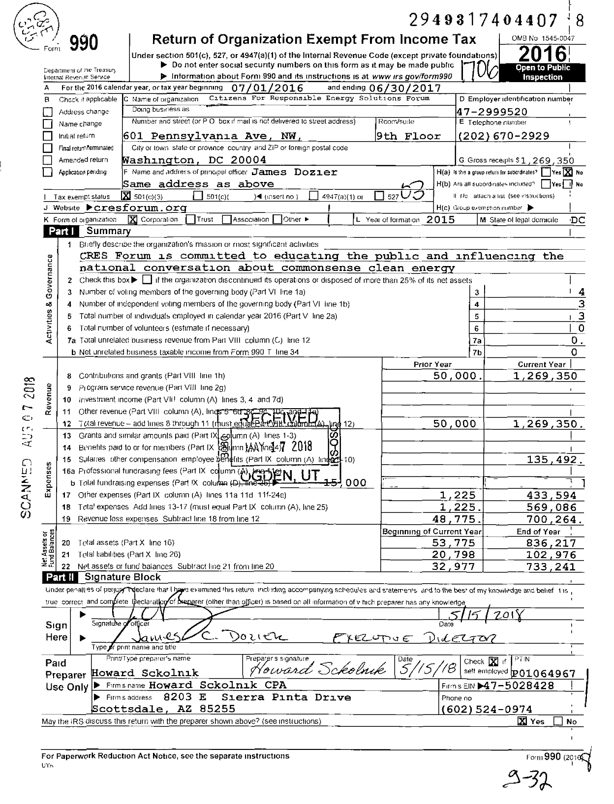 Image of first page of 2016 Form 990 for Citizens for Responsible Energy Solutions Forum