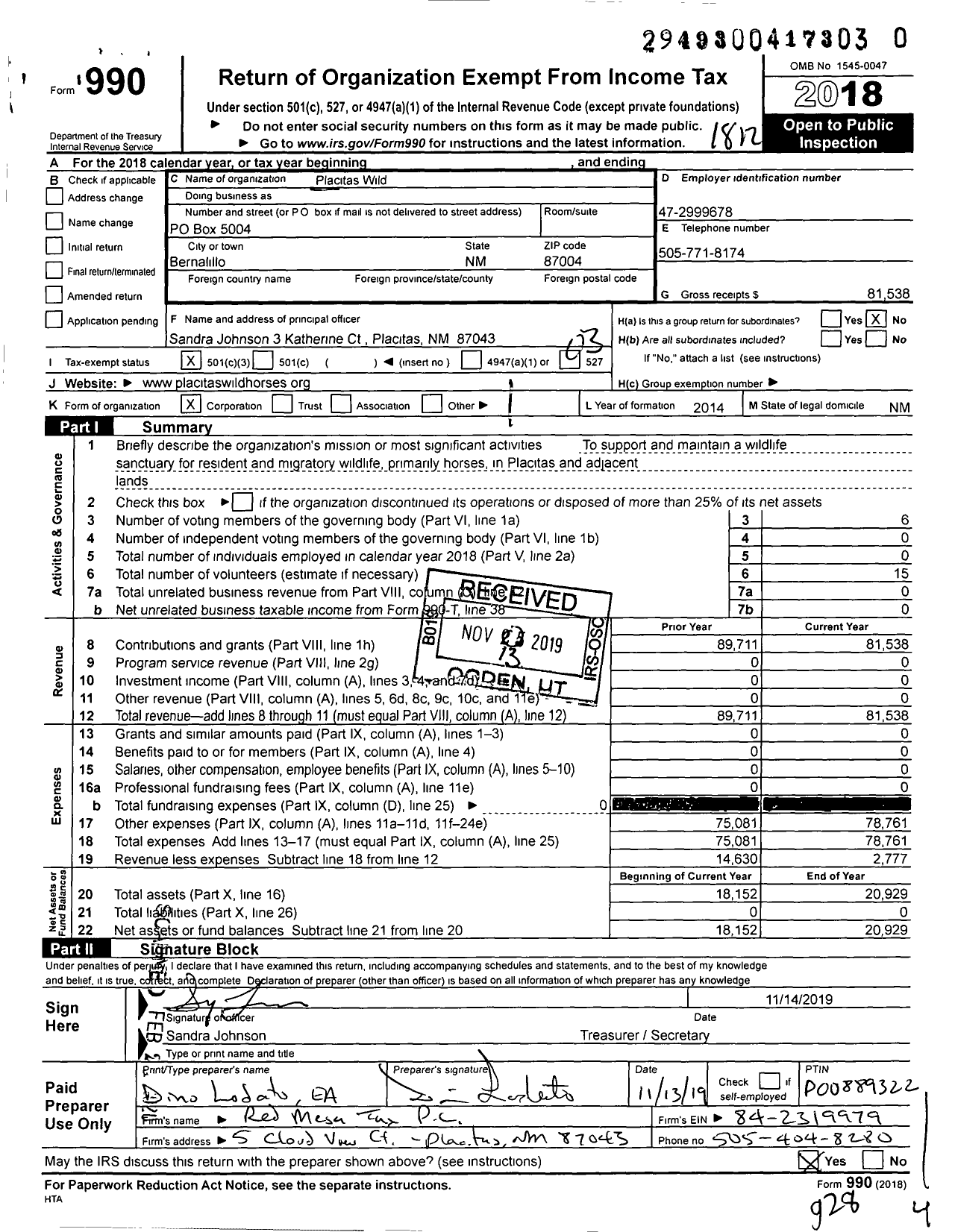 Image of first page of 2018 Form 990 for Placitas Wild