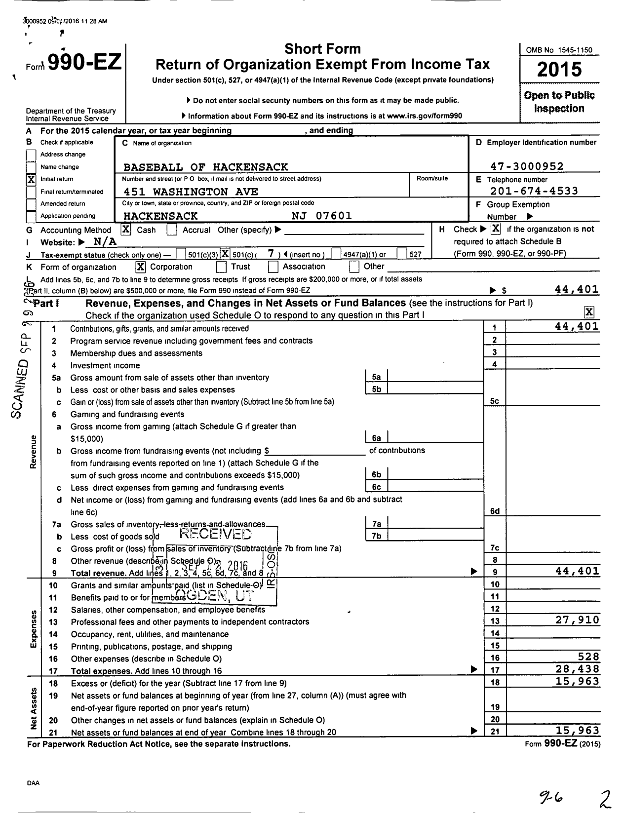 Image of first page of 2015 Form 990EO for Baseball of Hackensack