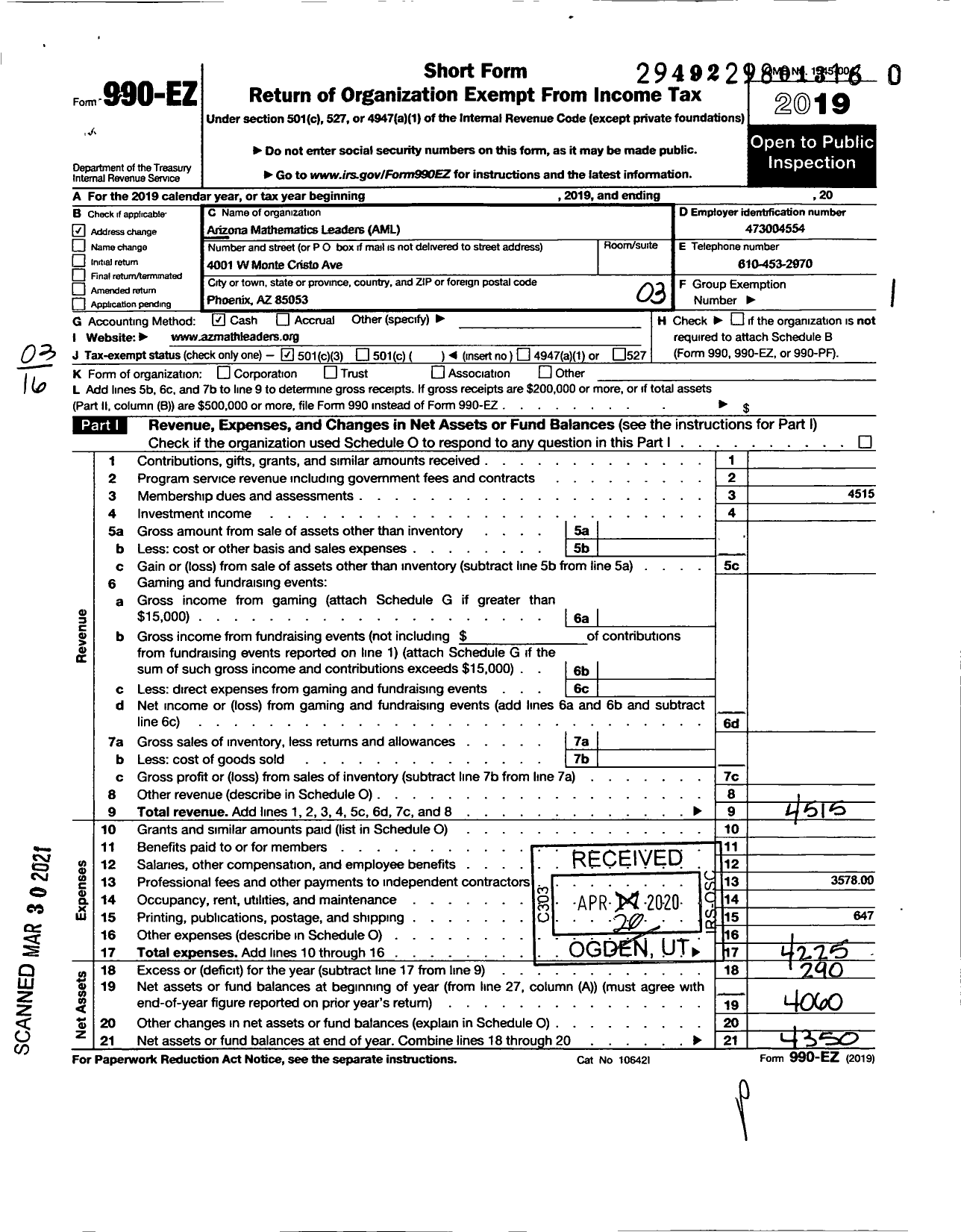 Image of first page of 2019 Form 990EZ for Arizona Mathematics Leaders