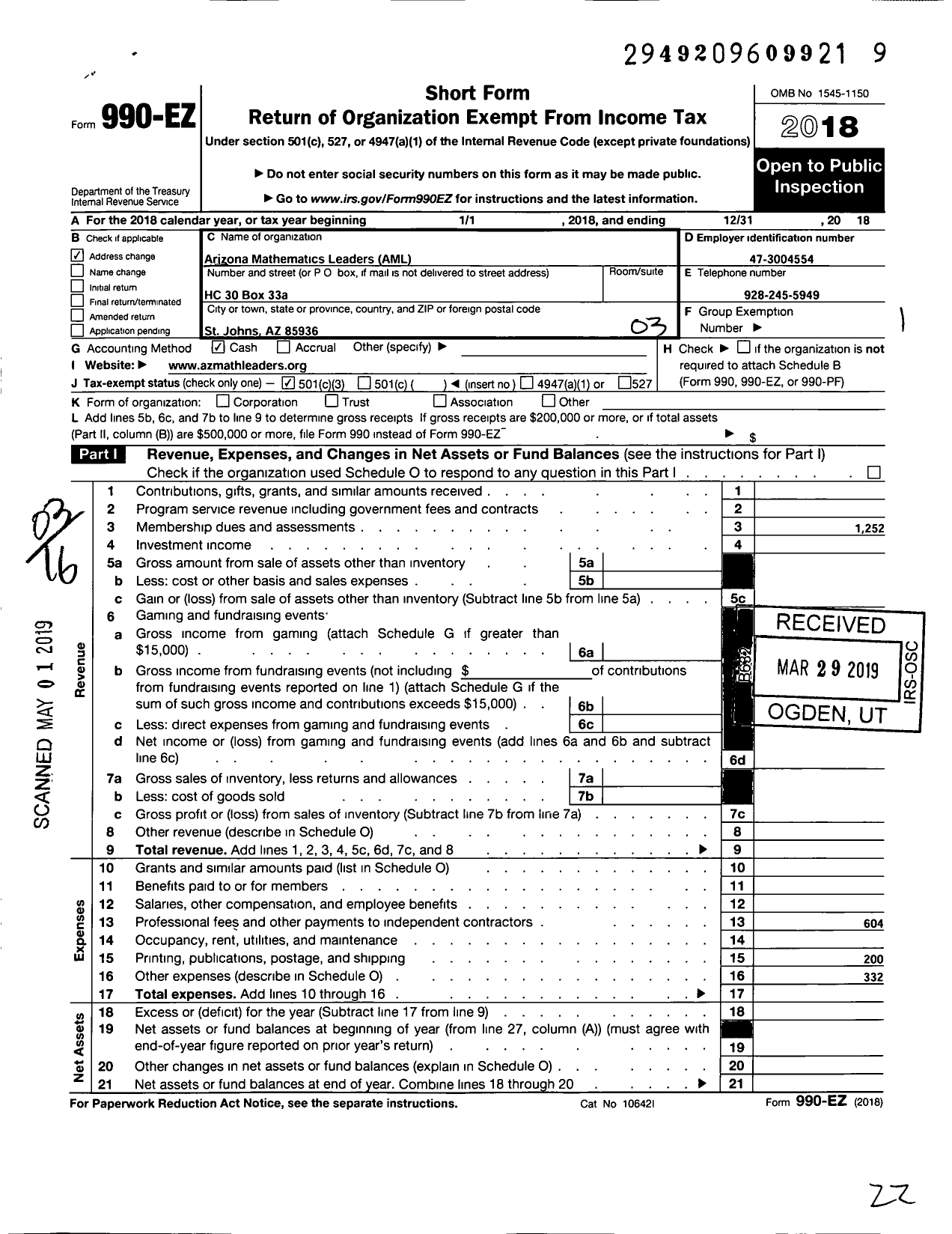 Image of first page of 2018 Form 990EZ for Arizona Mathematics Leaders