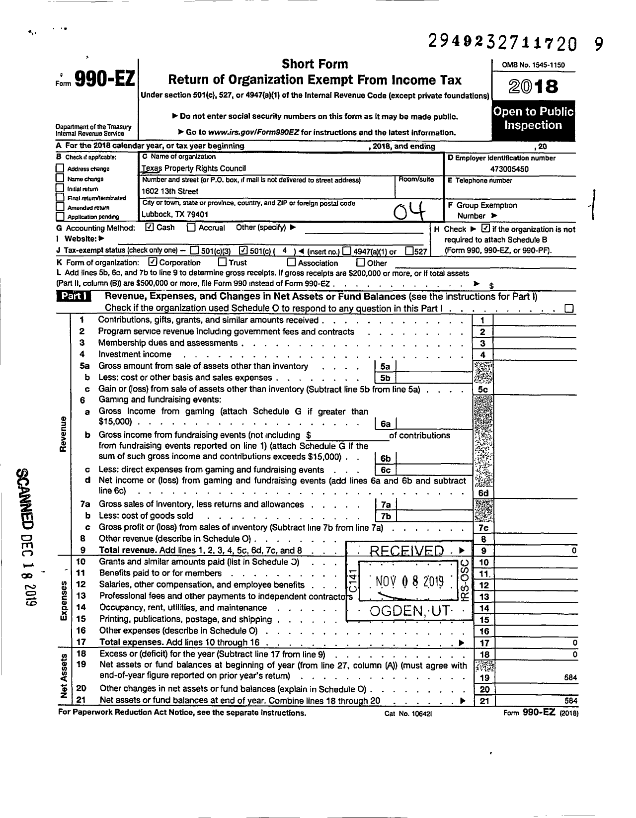 Image of first page of 2018 Form 990EO for Texas Property Rights Council