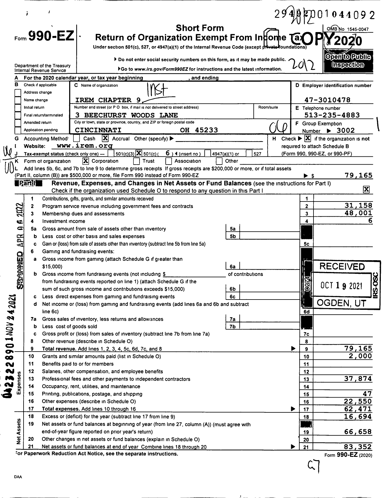 Image of first page of 2020 Form 990EO for Institute of Real Estate Management - 9 Greater Cincinnati and Dayton