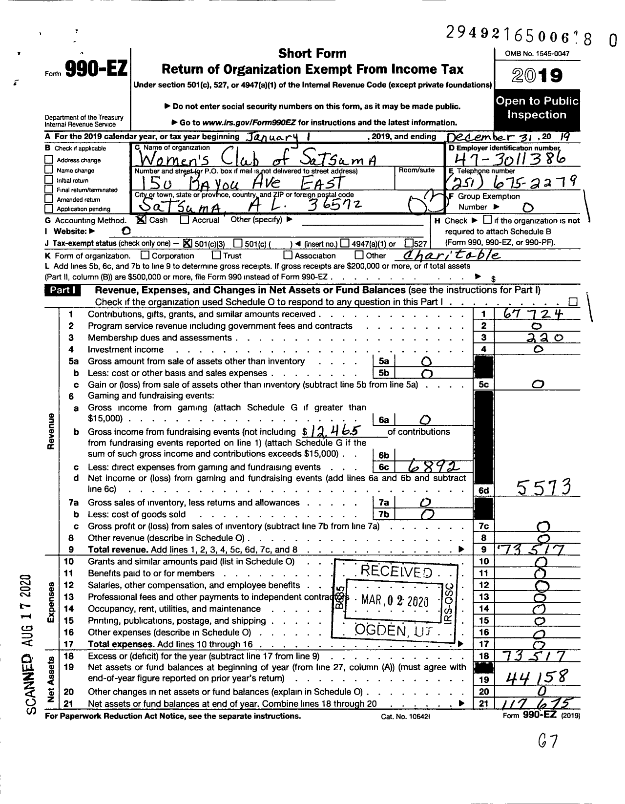 Image of first page of 2019 Form 990EZ for Women Club-Satsuma