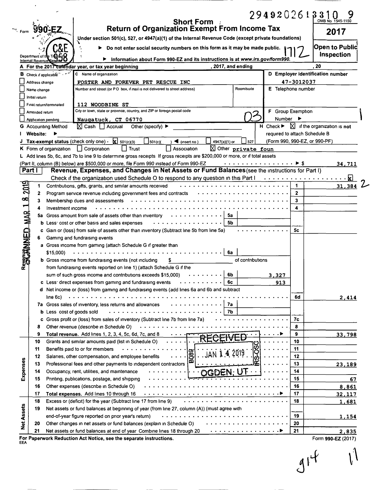 Image of first page of 2017 Form 990EZ for Foster and Forever Pet Rescue