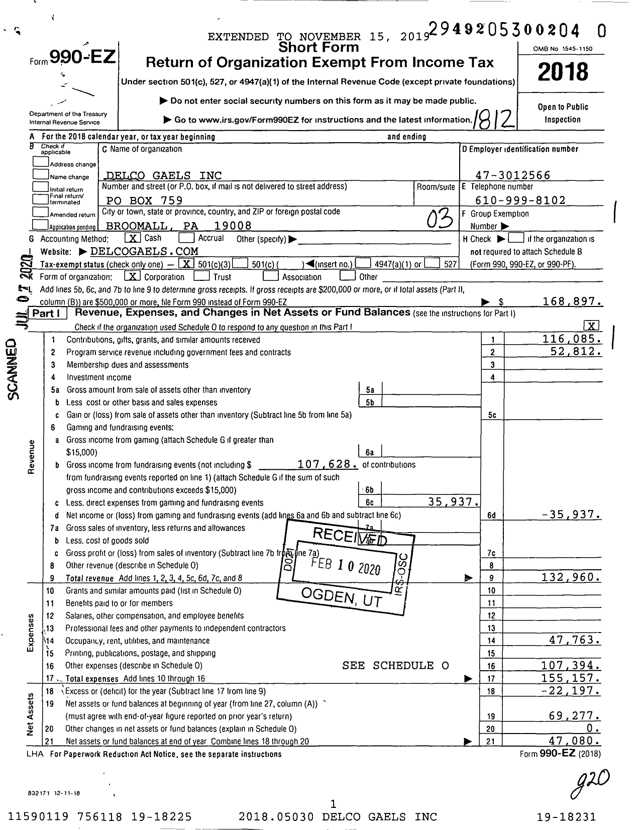 Image of first page of 2018 Form 990EZ for Delco Gaels