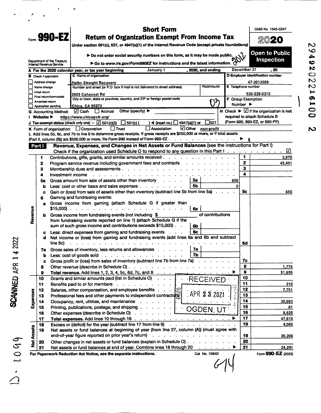 Image of first page of 2020 Form 990EZ for Paths Straight Recovery