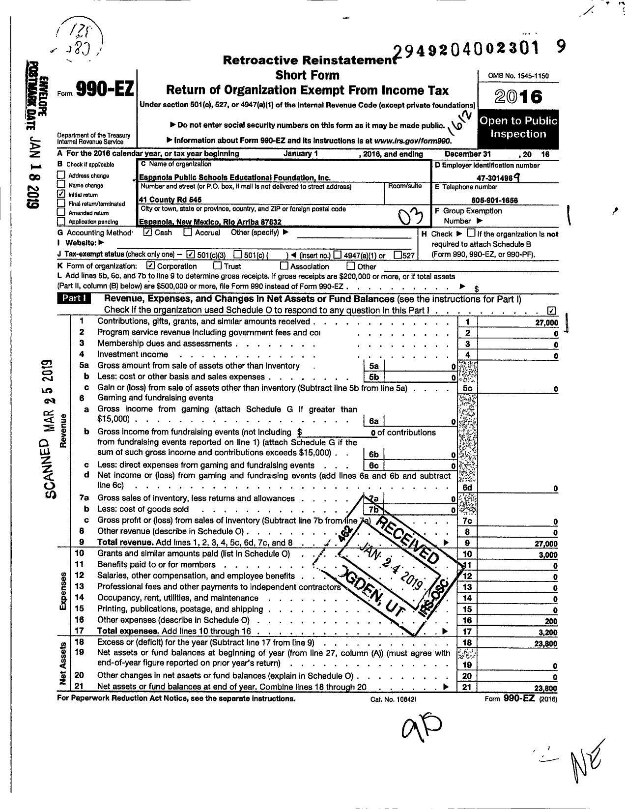 Image of first page of 2016 Form 990EZ for Espanola Public Schools Educational Foundation