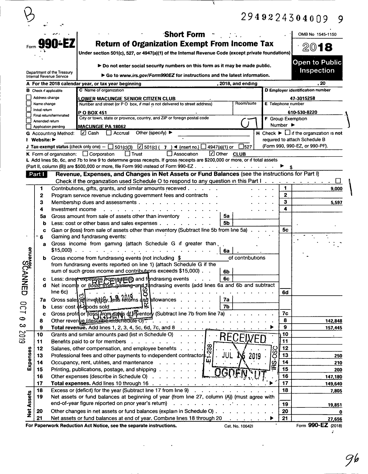 Image of first page of 2018 Form 990EO for Lower Macungie Senior Citizens