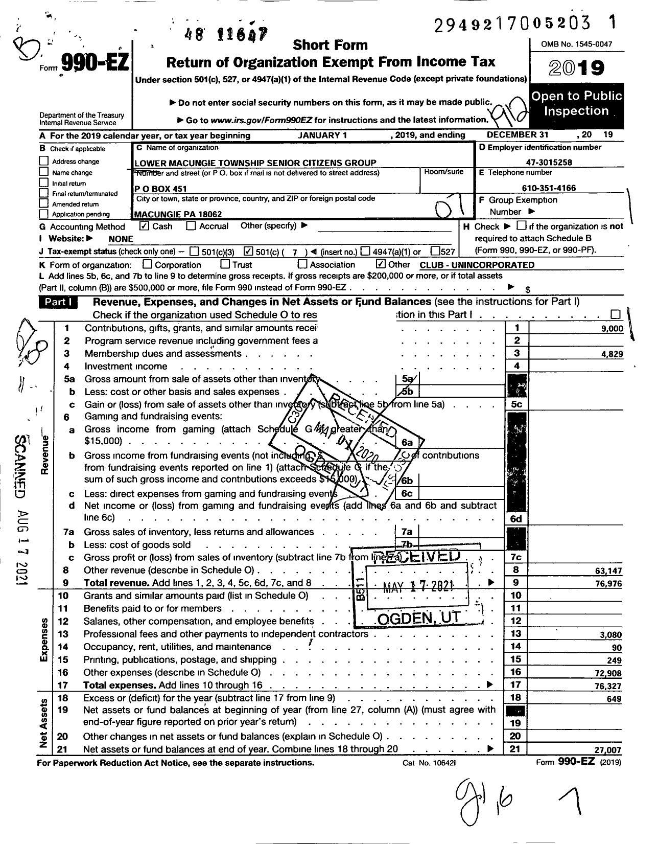 Image of first page of 2019 Form 990EO for Lower Macungie Senior Citizens